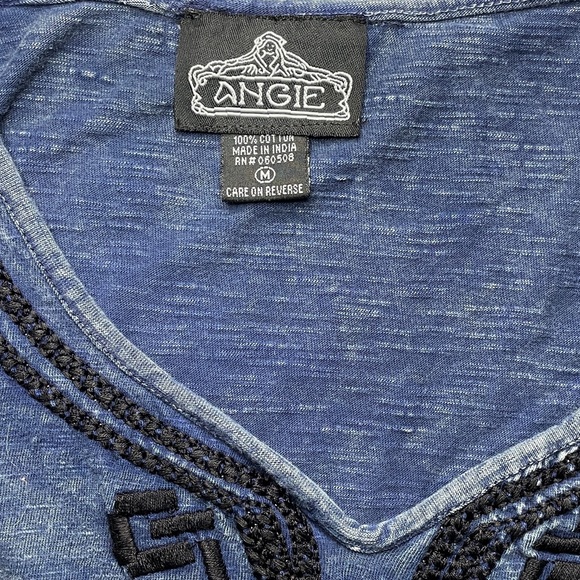 ANGIE Womens Medium Blouse T Shirt Blue Bell Sleeves Embroidered Slim Distressed - Picture 3 of 9